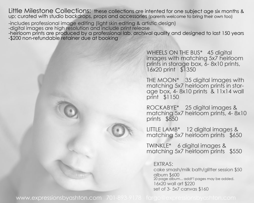 milestone baby child photography price list Fargo, ND